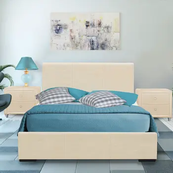 Beige Faux Leather Full Bed Frame