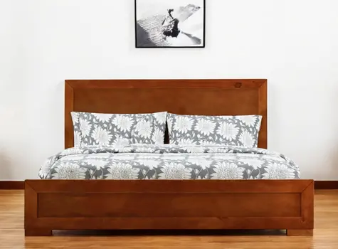 Brown Inlaid Panels Solid Wood King Bed Frame