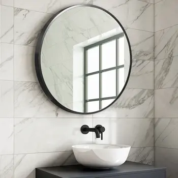 32" Black Round Metal Framed Accent Mirror