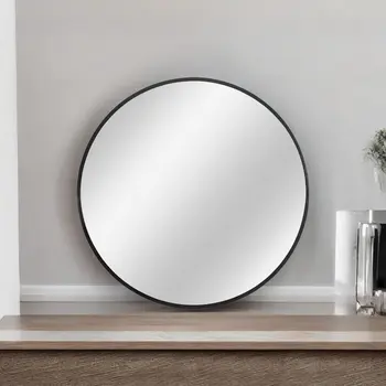 32" Black Round Metal Framed Accent Mirror