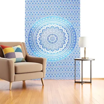 80" X 56" Blue And White Mandala Cotton Hanging Tapestry