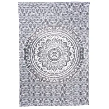 80" X 56" Gray And White Mandala Cotton Hanging Tapestry