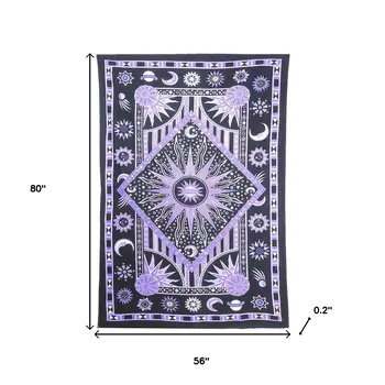 80" X 56" Purple Black And White Mandala Cotton Hanging Tapestry