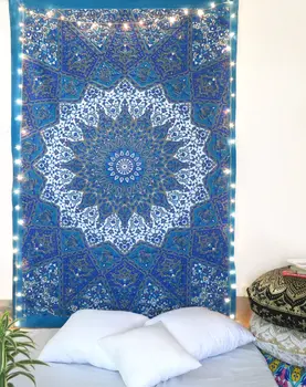 80" X 56" Royal Blue Blue And White Mandala Cotton Hanging Tapestry