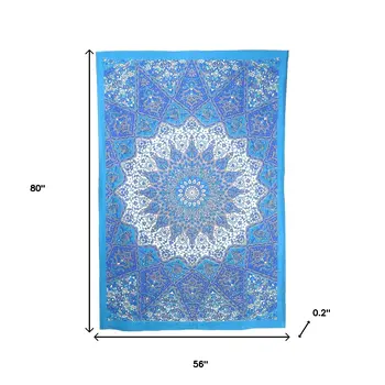 80" X 56" Royal Blue Blue And White Mandala Cotton Hanging Tapestry