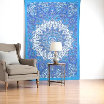 80" X 56" Royal Blue Blue And White Mandala Cotton Hanging Tapestry