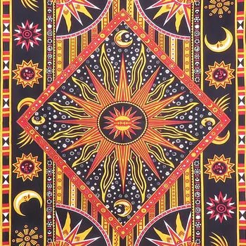 80" X 56" Black Red And Yellow Cotton Star and Sunburst Hanging Tapestry