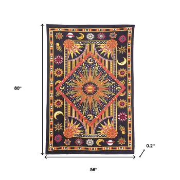 80" X 56" Black Red And Yellow Cotton Star and Sunburst Hanging Tapestry