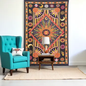 80" X 56" Black Red And Yellow Cotton Star and Sunburst Hanging Tapestry