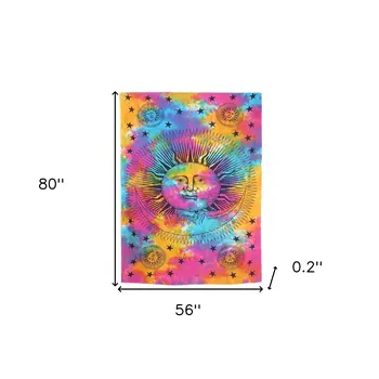 80" X 56" Blue Pink And Yellow Cotton Hanging Tapestry