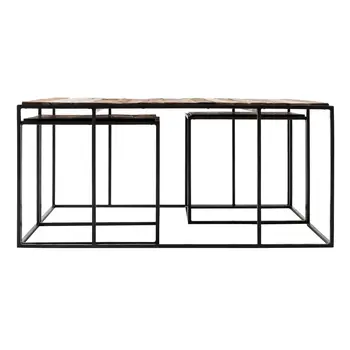 Set of Three 39" Brown And Black Solid Wood And Iron Square Nested Coffee Tables