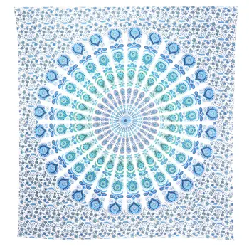 92" X 84" Blue Green And White Mandala Cotton Hanging Tapestry