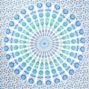 92" X 84" Blue Green And White Mandala Cotton Hanging Tapestry