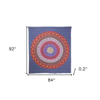 92" X 84" Blue Red And Yellow Mandala Cotton Hanging Tapestry