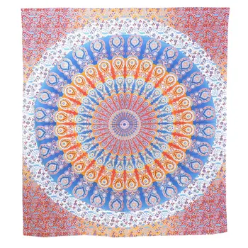 92" X 84" Orange Blue And Yellow Mandala Cotton Hanging Tapestry