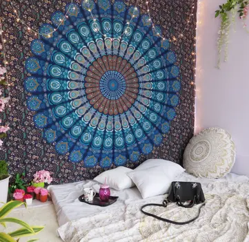 92" X 84" Navy Blue Blue And Purple Mandala Cotton Hanging Tapestry