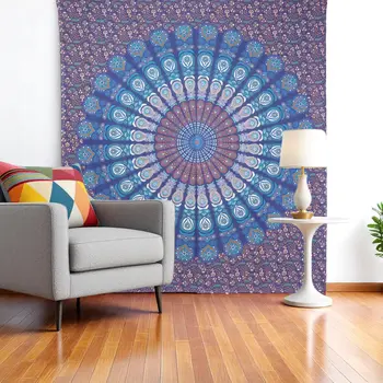 92" X 84" Navy Blue Blue And Purple Mandala Cotton Hanging Tapestry
