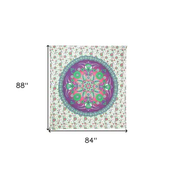 88" X 84" Green Purple And White Floral Cotton Hanging Tapestry