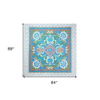 88" X 84" Brown Blue And White Floral Cotton Hanging Tapestry