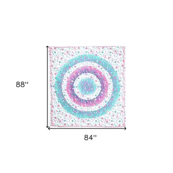88" X 84" Pink Blue And White Floral Cotton Hanging Tapestry