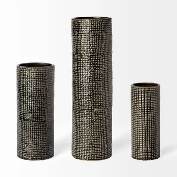 15" Black And Gold Abstract Cylinder Ceramic Table Vase