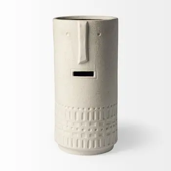 14" White Abstract Cylinder Ceramic Table Vase