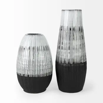 13" Black Gray And White Abstract Cylinder Ceramic Table Vase