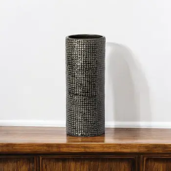 10" Black And Gold Abstract Cylinder Ceramic Table Vase