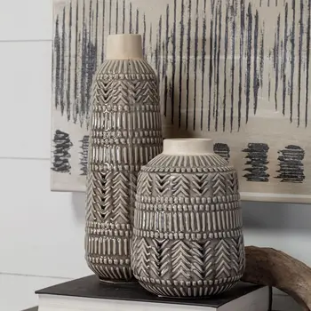 8" Gray Abstract Cylinder Ceramic Table Vase