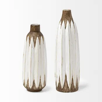 18" Brown And White Abstract Cylinder Ceramic Table Vase