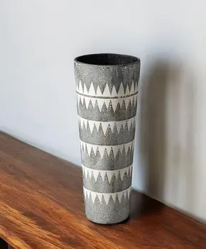 19" Gray And White Abstract Cylinder Ceramic Table Vase