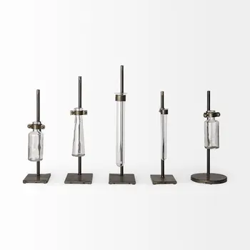 Set of Two Dark Brown Abstract Cylinder Metal Table Vase