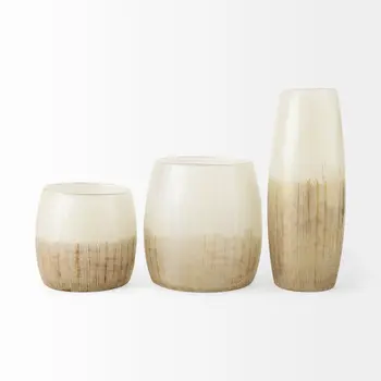 14" Creamy White and Gold Ombre Striped Glass Vase