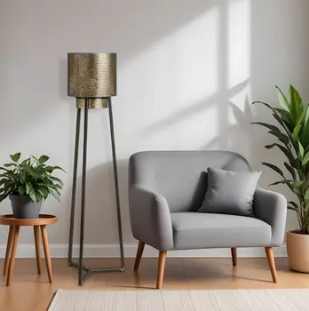 54" Gold And Black Metal LED Floor Lamp With Gold Metal Drum Shade