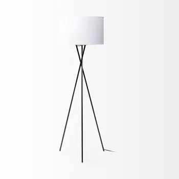 66" Black Tripod Floor Lamp With White Fabric Drum Shade