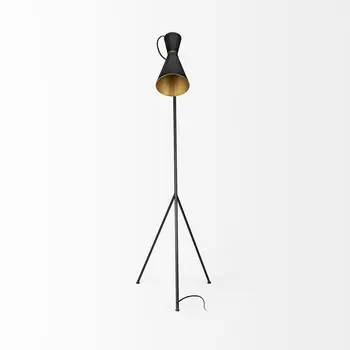 58" Black Metal Tripod Floor Lamp With Black And Gold Metal Cone Shade