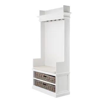 Classic White Entryway Coat Rack and Bench with Baskets