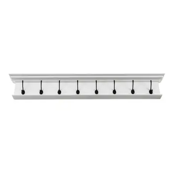 51" White Solid Wood Eight Hook Wall Mount Coat Rack
