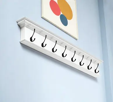 51" White Solid Wood Eight Hook Wall Mount Coat Rack