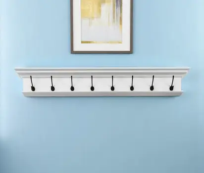 51" White Solid Wood Eight Hook Wall Mount Coat Rack