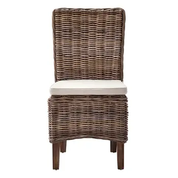 Set of Two Cream And Brown Rattan Dining Parsons Chairs