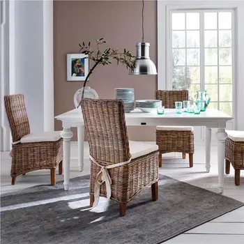 Set of Two Cream And Brown Rattan Dining Parsons Chairs