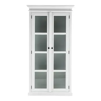 75" White Wood and Glass Double Door Storage Cabinet