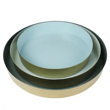 Set of Three Gold And Blue Round Metal Handmade Serving Trays