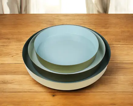 Set of Three Gold And Blue Round Metal Handmade Serving Trays