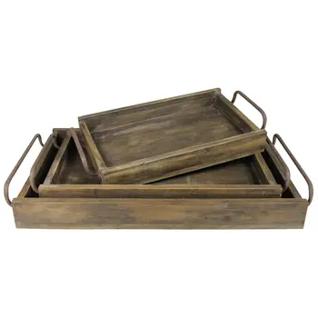 Set of Three Dark Brown Wood Trays With Handles
