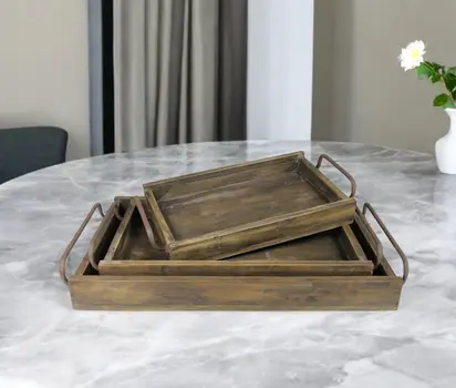 Set of Three Dark Brown Wood Trays With Handles