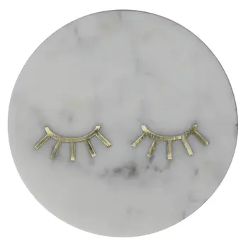 6" Gold And White Round Marble Inlaid Eyelashes Serving Tray
