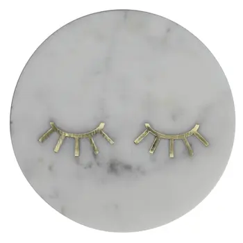 6" Gold And White Round Marble Inlaid Eyelashes Serving Tray