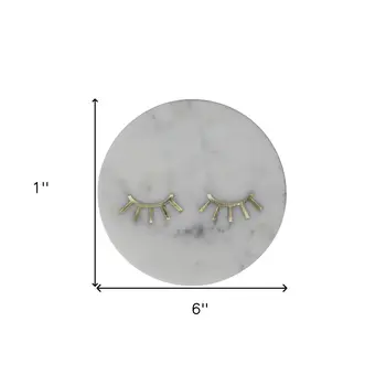 6" Gold And White Round Marble Inlaid Eyelashes Serving Tray